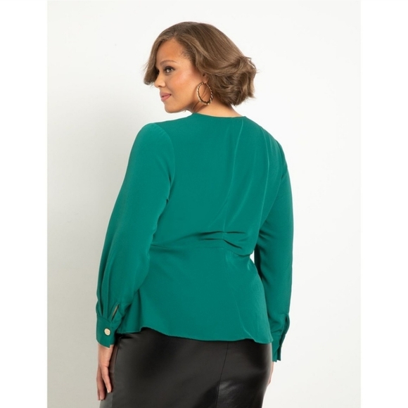 Eloquii Twist-Front Peplum Blouse Top Size 18 Kelly Green Surplice Snap-Front - Picture 3 of 12